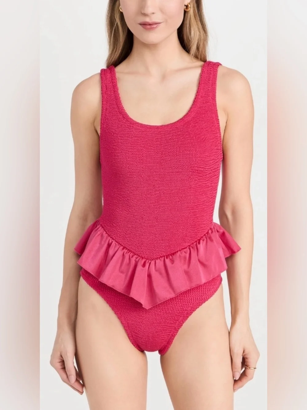 Hunza G‎ Denise Frill Metallic Crinkle One Piece Swimsuit Pink